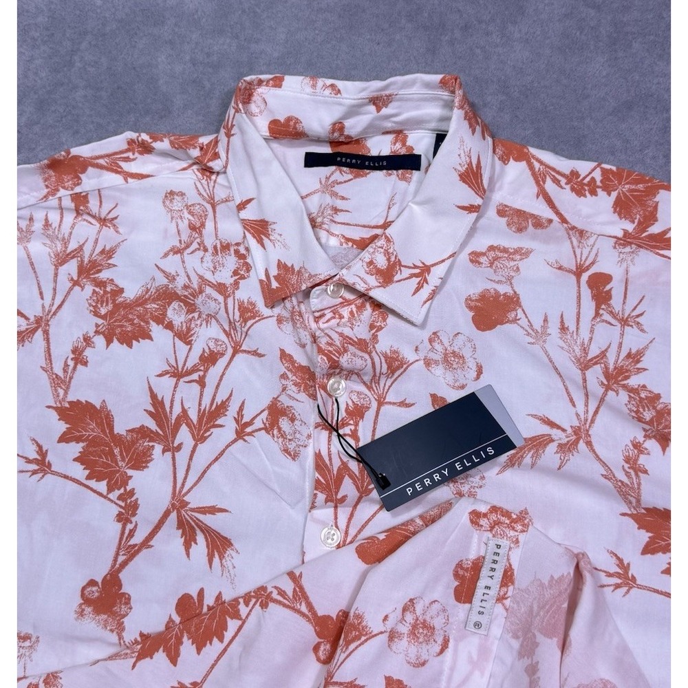 Perry Ellis Shirt Mens XL Hawaiian Tropical Crabapple Stretch Normcore USA NEW